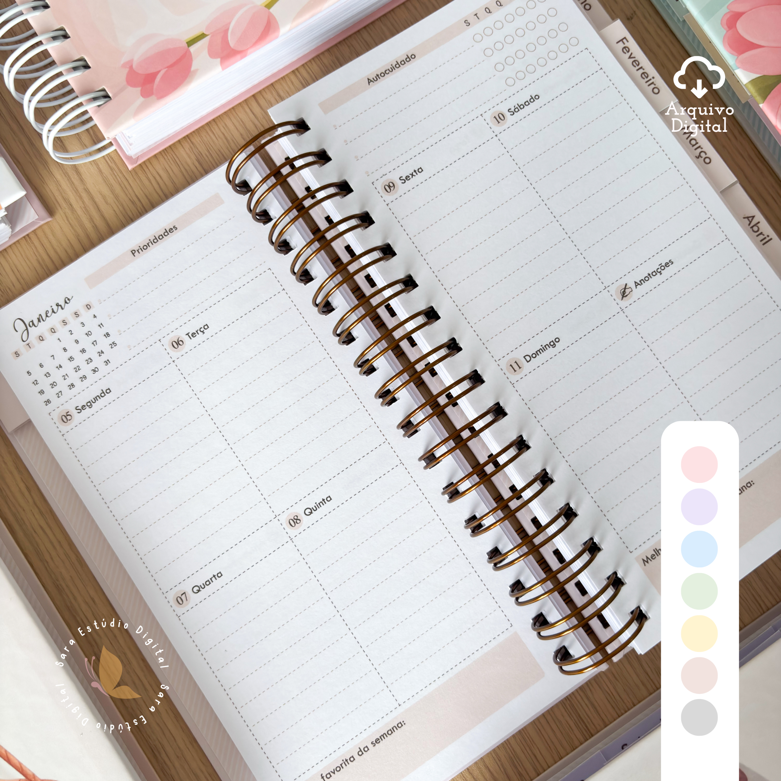PLANNER SLIM 2026 - VERTICAL COM PAUTA EM 8 CORES