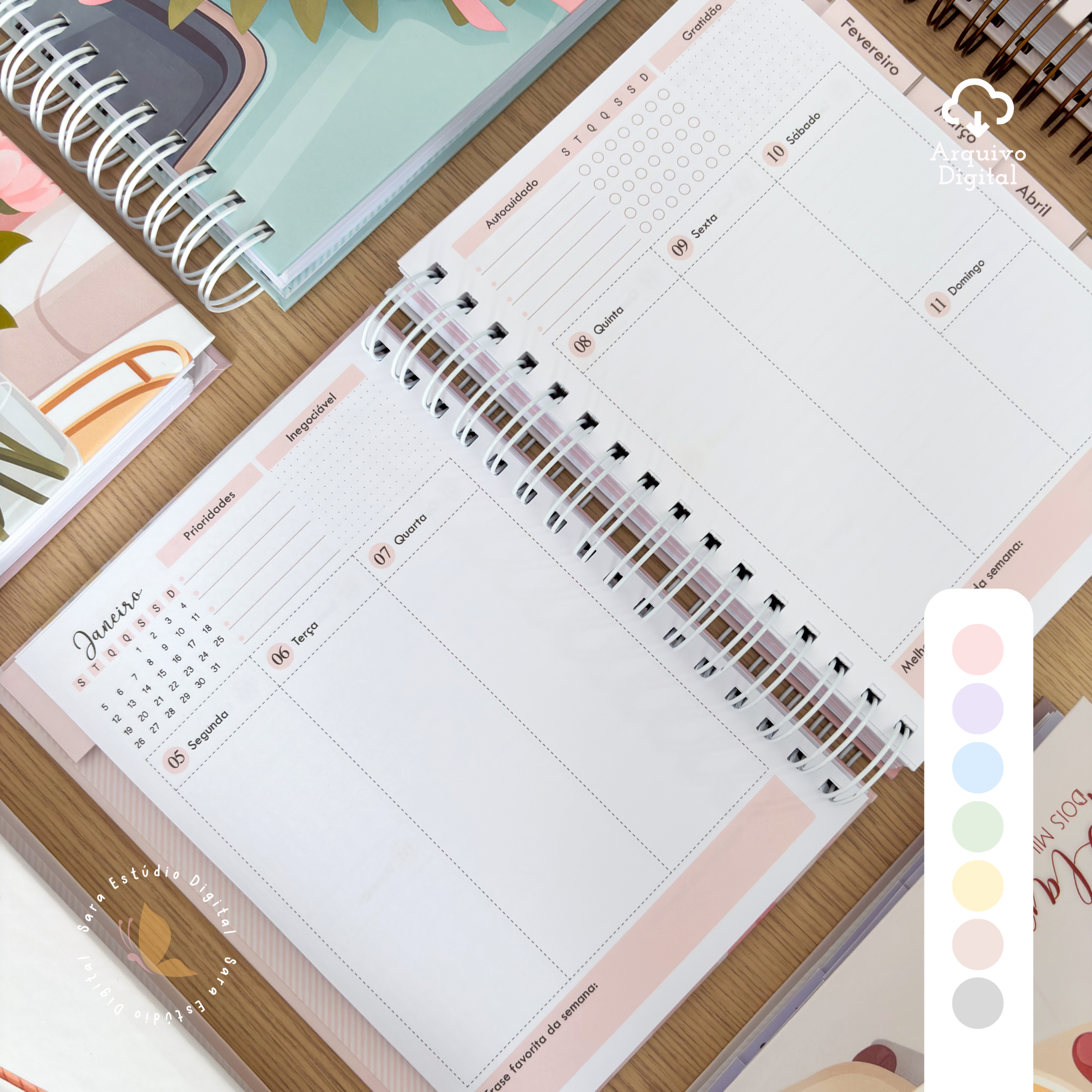 PLANNER A5 2026 - VERTICAL SEM PAUTA EM 8 CORES