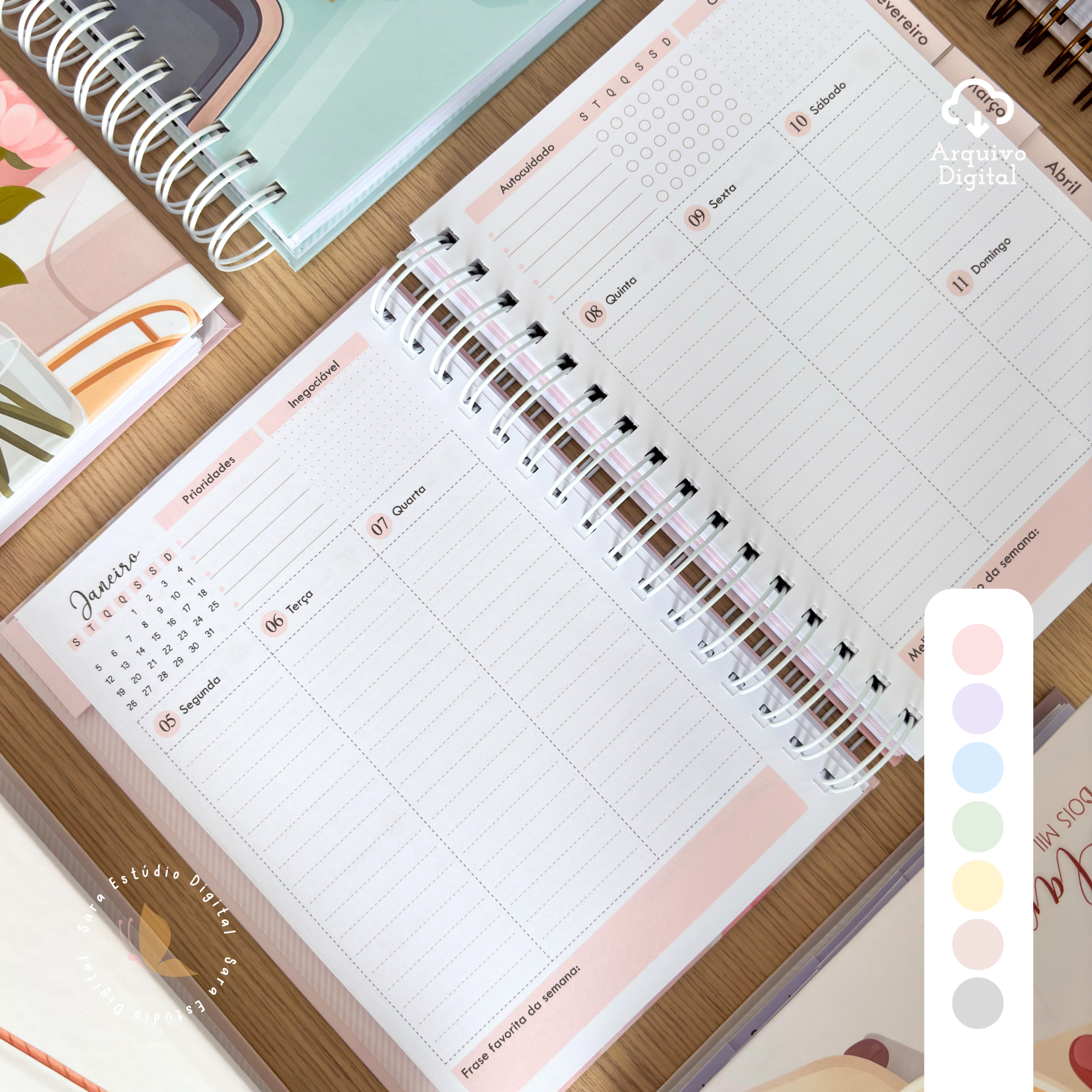 PLANNER A5 2026 - VERTICAL COM PAUTA EM 8 CORES