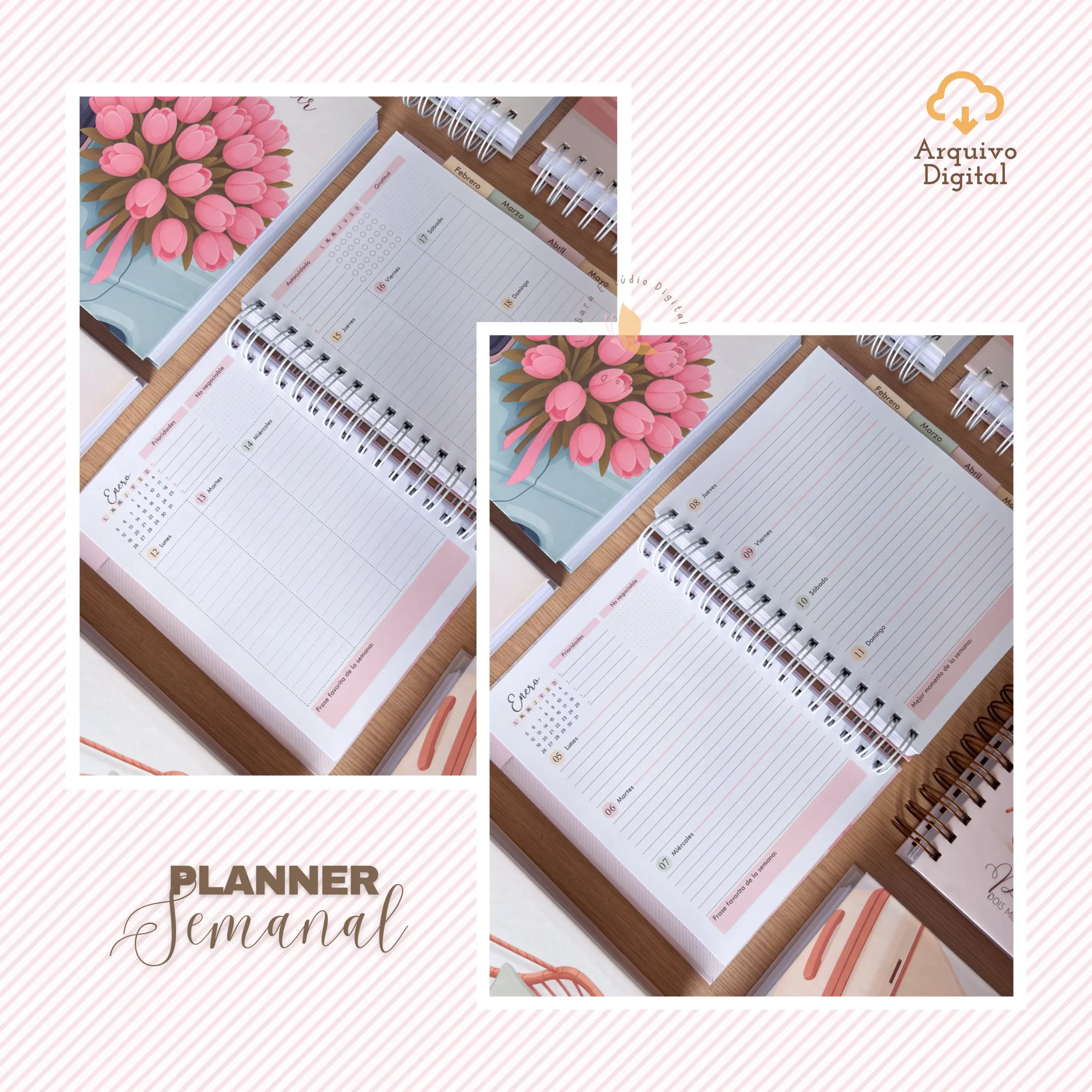 Archivo digital: Planner semanal A5 2026 - 2 EN 1 - Español (8 colores)
