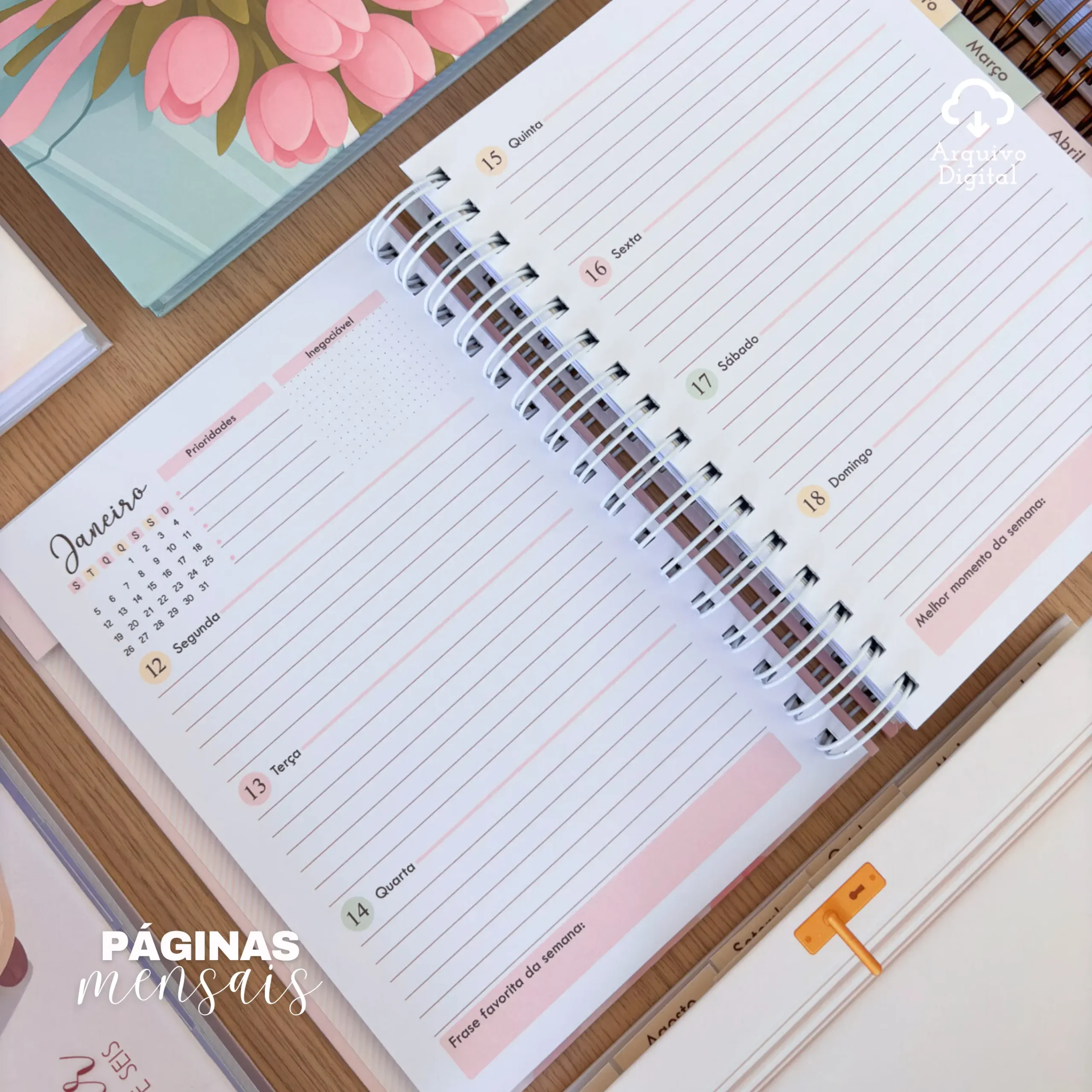 Arquivo digital: Planner semanal A5 2026 – 2 EM 1 – Portugal (8 cores) - Imagem 2