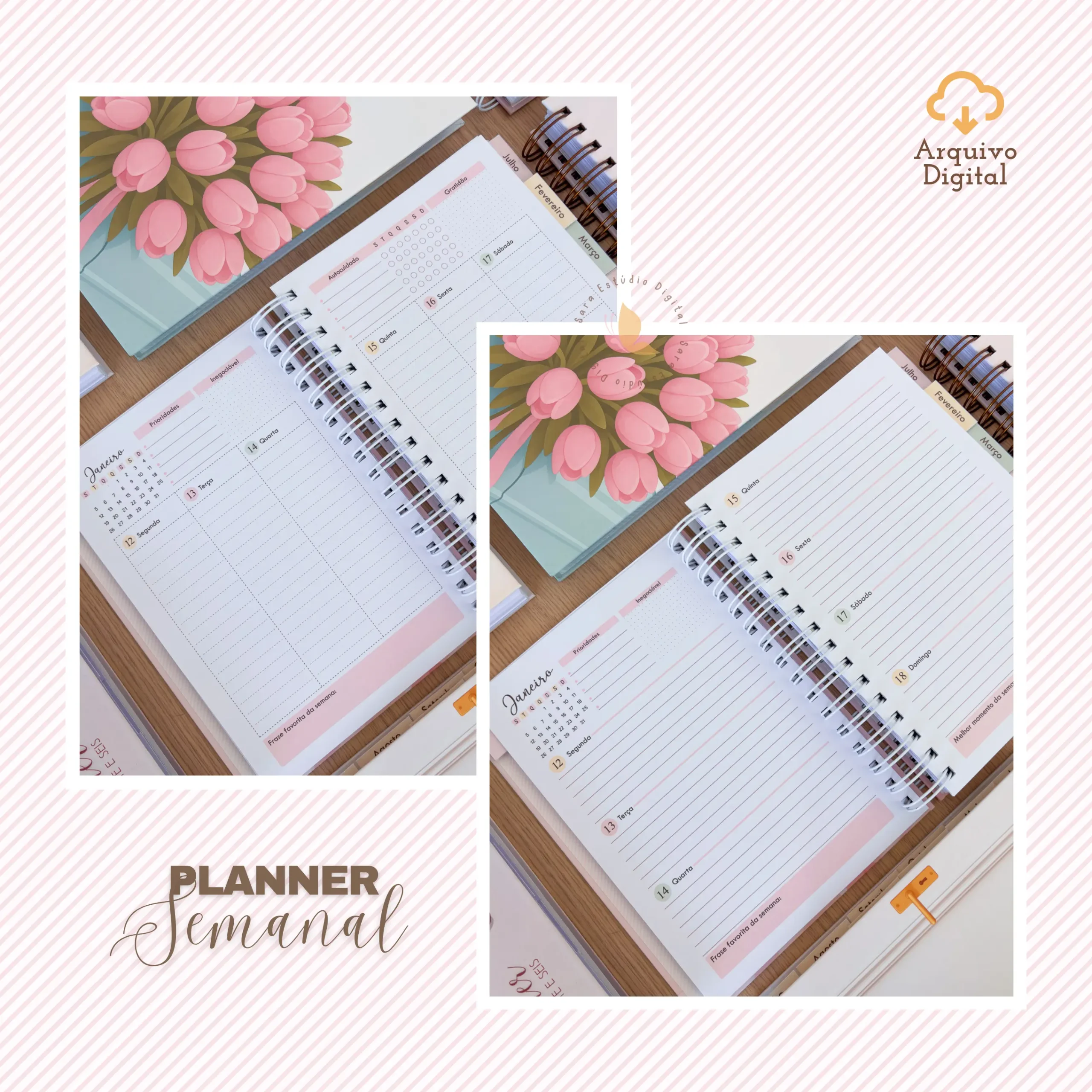 Arquivo digital: Planner semanal A5 2026 – 2 EM 1 – Portugal (8 cores)