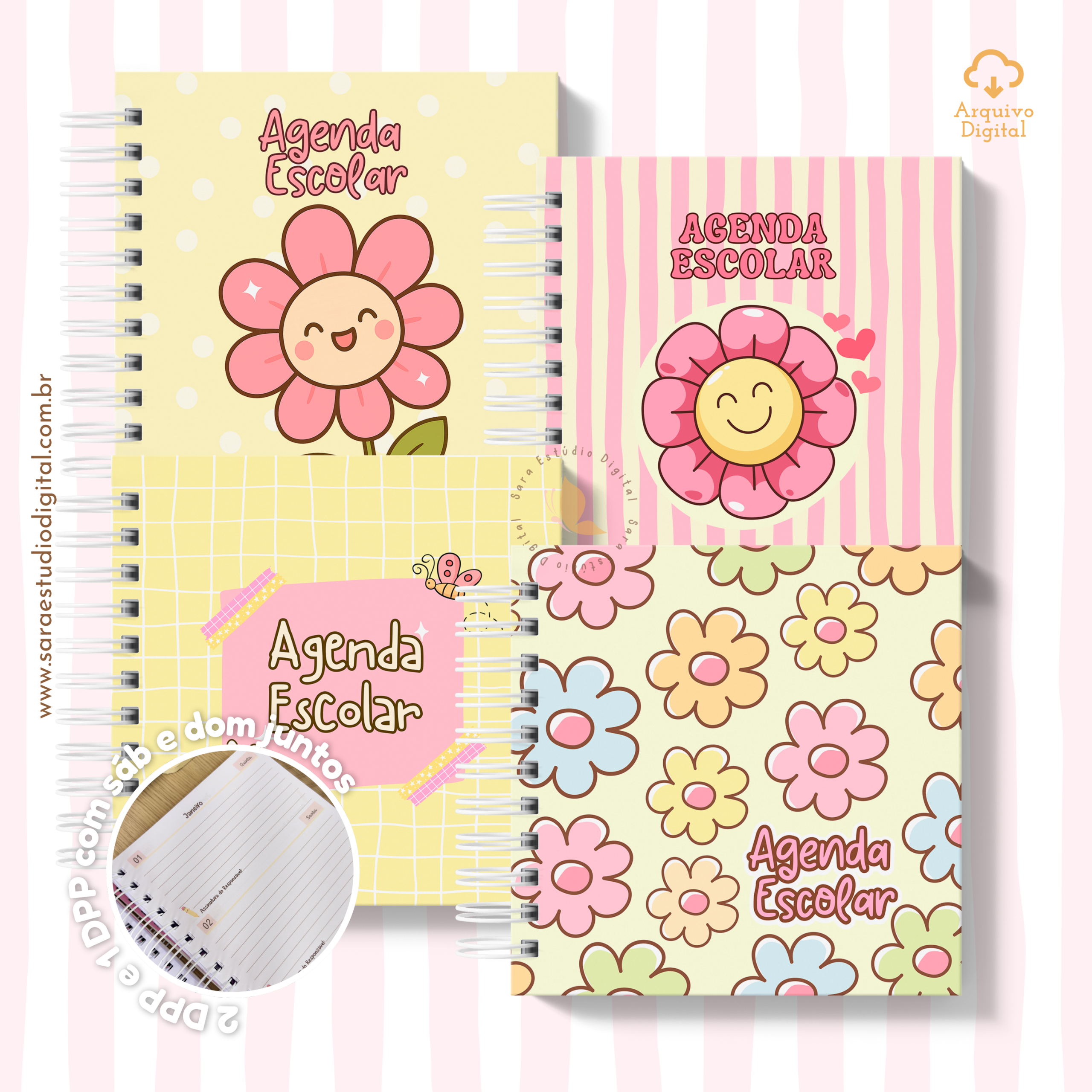 Agenda Escolar 2026 – Rosa com amarelo (Mini quadrada) - 1 e 2DPP