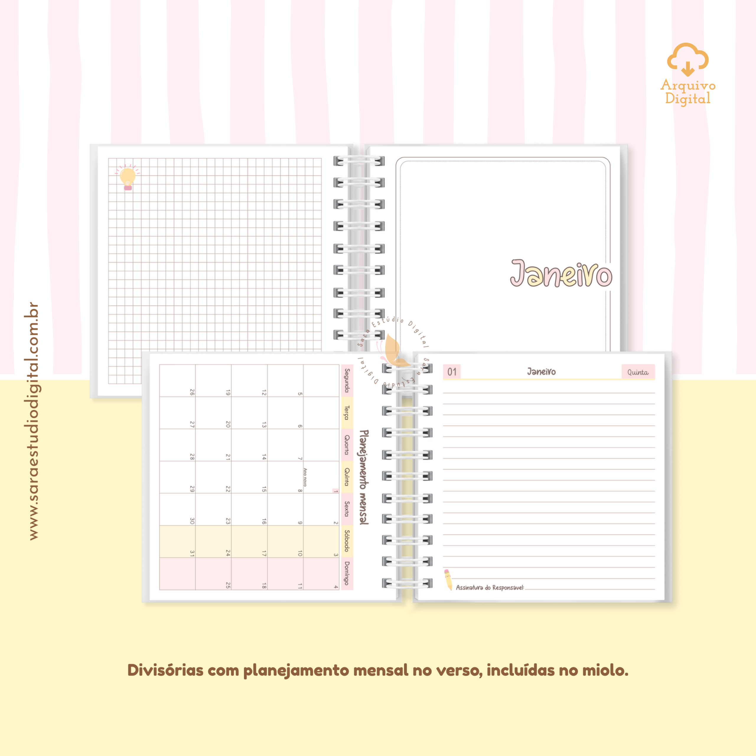 Agenda Escolar 2026 – Rosa com amarelo (Mini quadrada) - 1 e 2DPP - Imagem 3